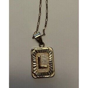 Bracha  Necklace 16k Gold Filled Initial Card "L” Pendant Figaro Chain 18”